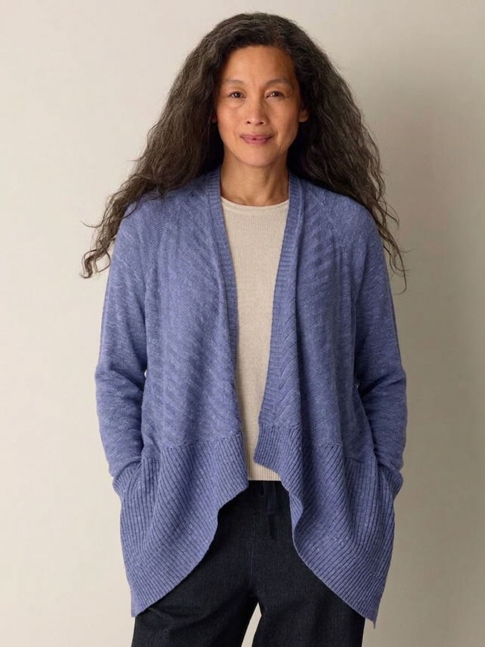 EILEEN FISHER Women's Cotton-Linen Knit Open Cardigan - Blue, Large